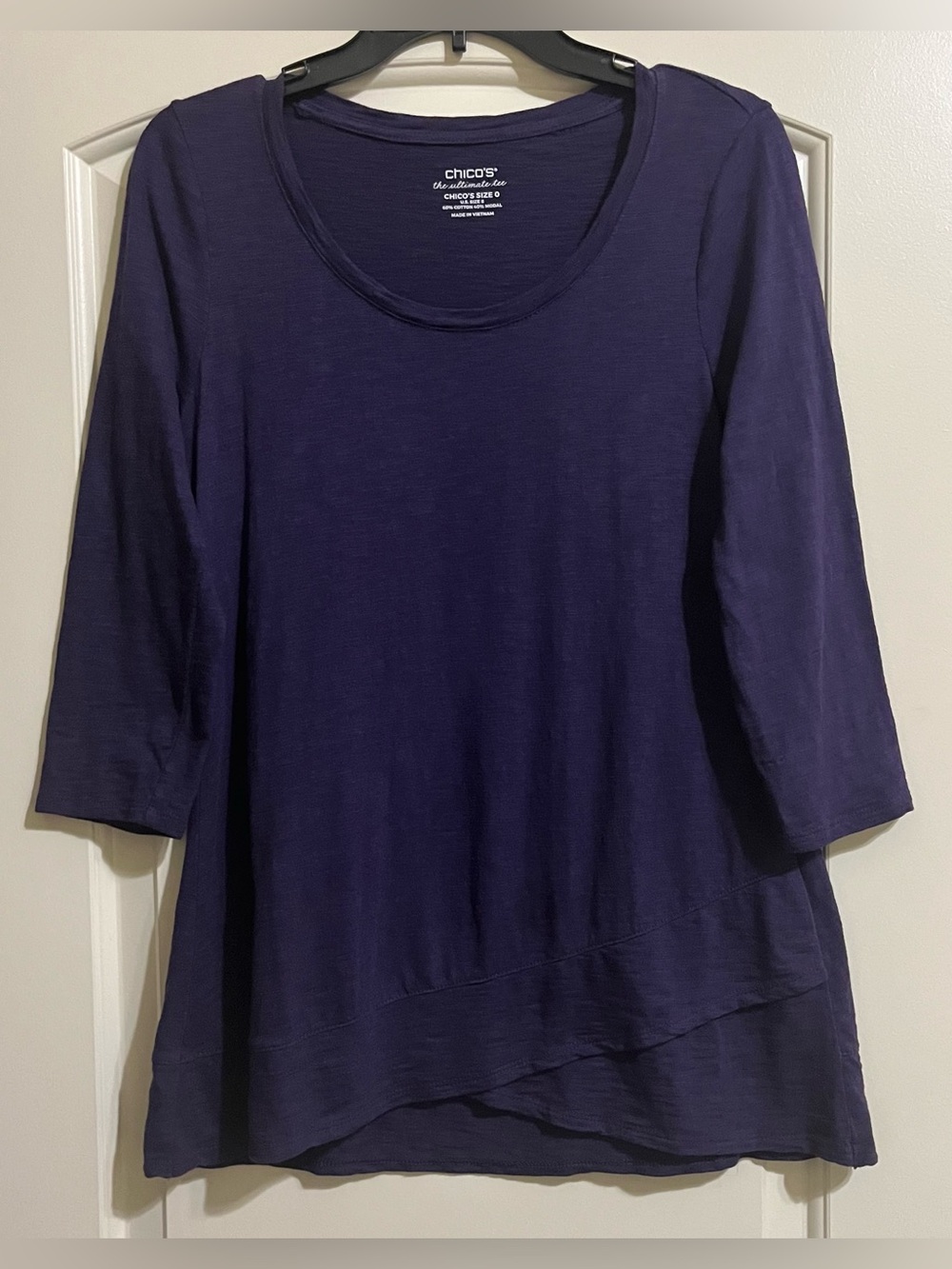 Chico's The Ultimate Tee Deep Purple Criss Cross Front 3/4 Sleeve Top Size Small